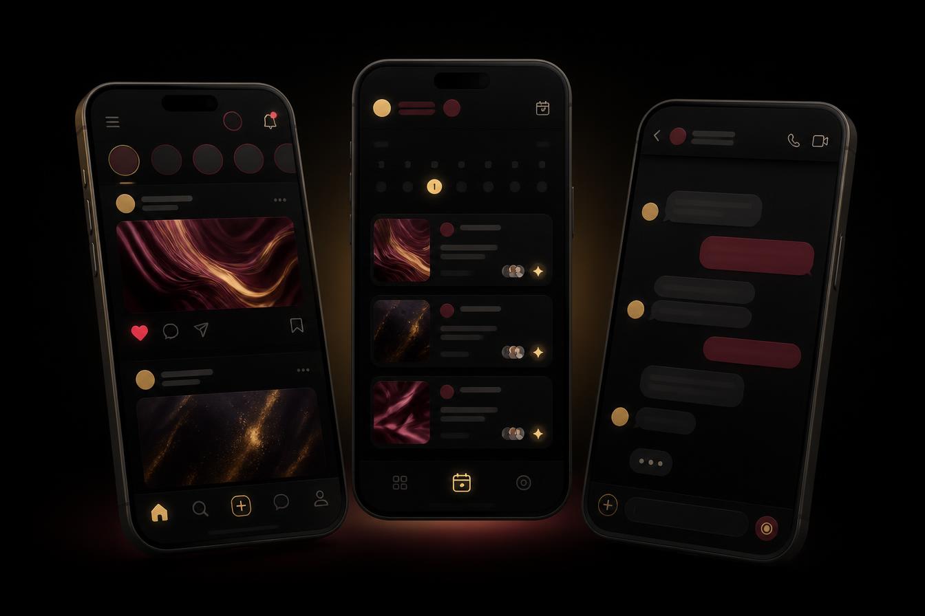 Três celulares exibindo o feed, os eventos e o chat do Conexão Privada em modo escuro